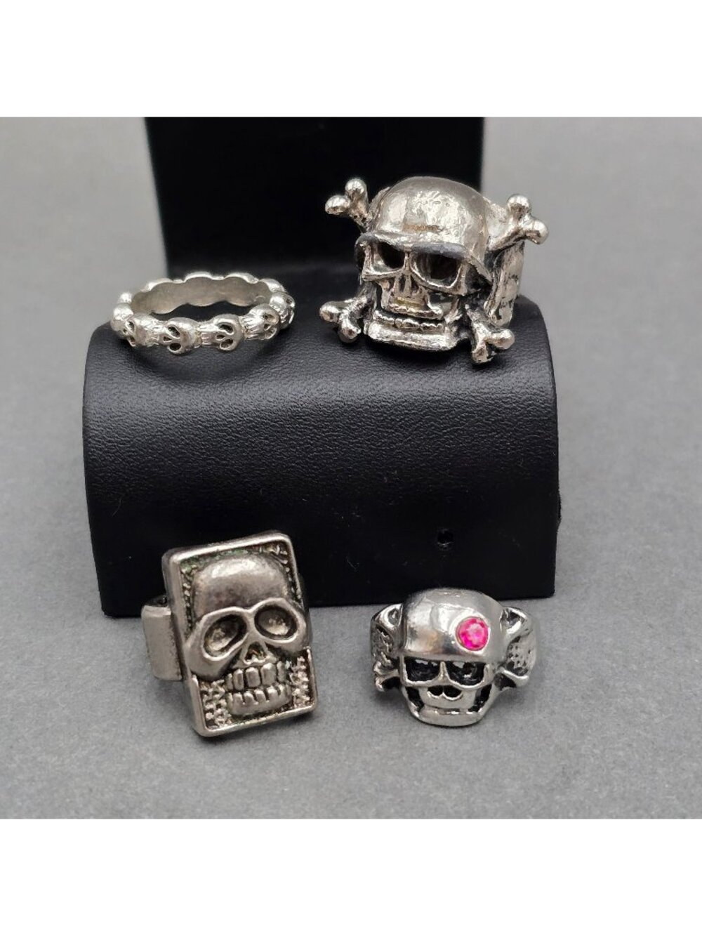 Vintage Y2K Skull Rings Lot Silver Tone Gothic Punk Biker Adjustable Band Set